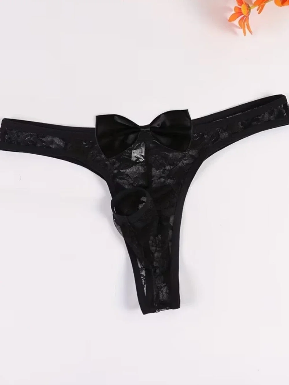 Sheer Black Lace Cutout Bikini Brief Thong with Bow -J